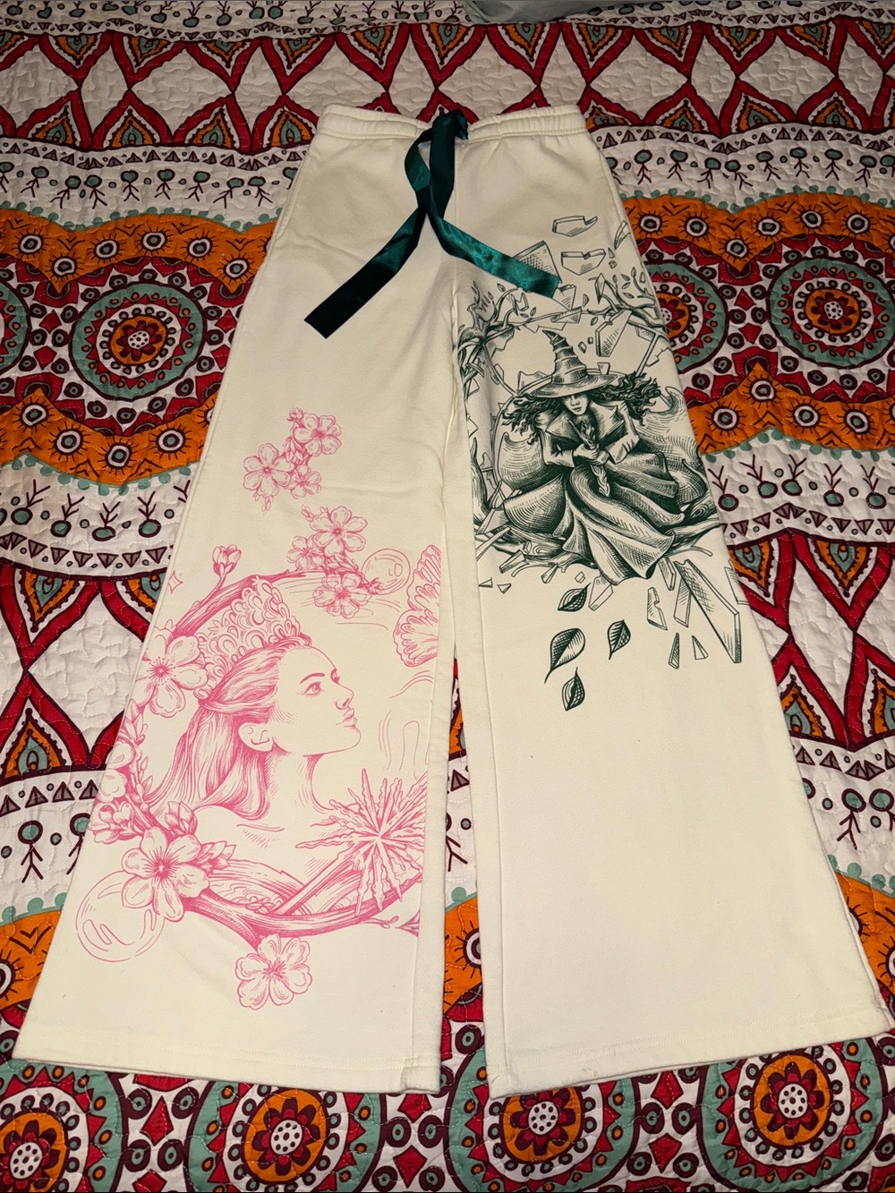 Wicked Wide Leg Graphic Sweatpants in Cream with Pink & Green Artwork